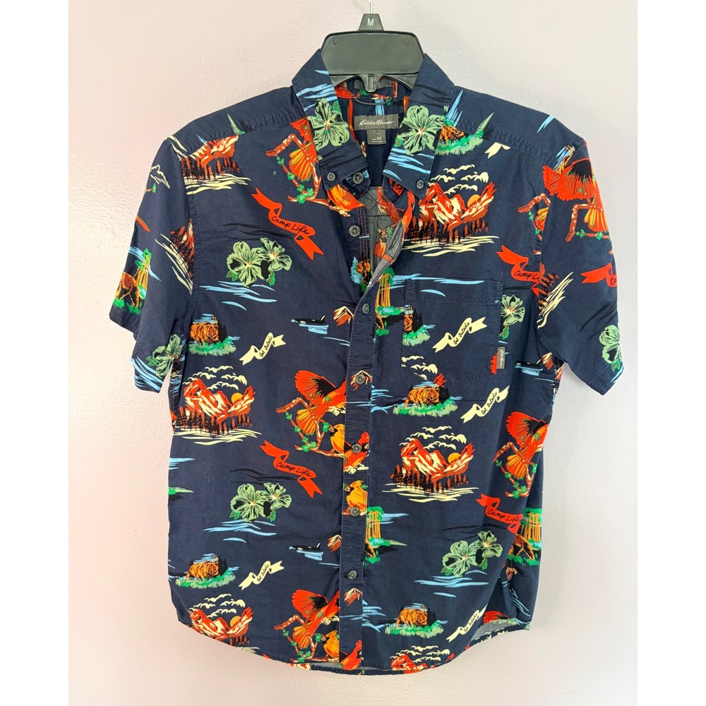 Eddie Bauer Camp Life Hawaiian Shirt Mens M Navy Graphic Cotton Button Up